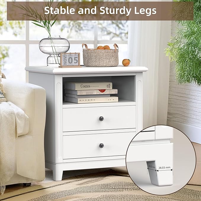 24" Wide Solid Wood Nightstands Set of 2, White Night Stand with 2 Large Drawers & Open Shelf, Bedside Table with USB Ports and Outlets, Farmhouse Nightstand for Bedroom