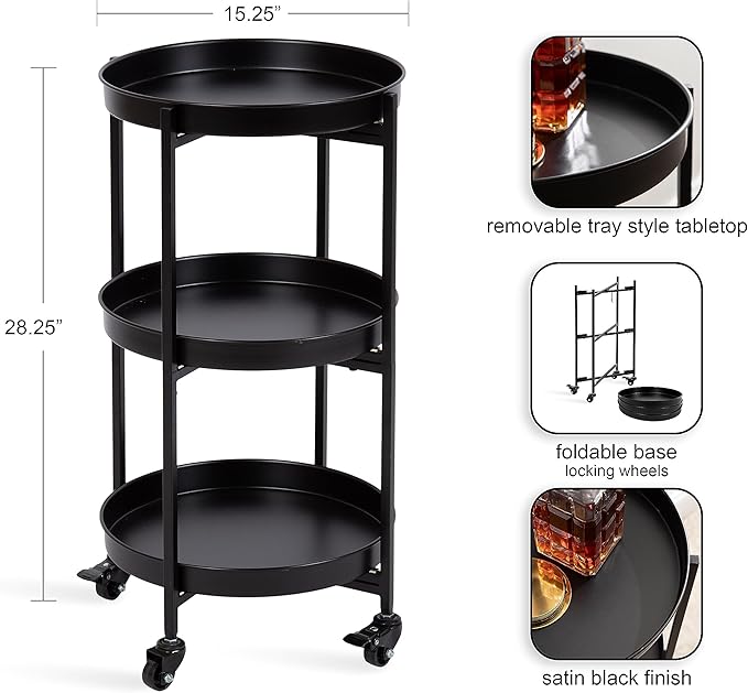 Kate and Laurel Celia Modern 3-Tier Bar Cart; 16 x 16 x 29; Black; Decorative Round Rolling Serving Cart with Lockable Wheels and Three Tiers of Storage and Display Space
