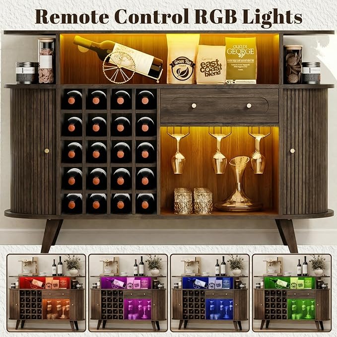Loomie Wine Bar Cabinet with LED Light, Mid Century Modern Liquor Cabinet– 20-Bottle Rack, Glass Holder & Drawer, Buffet Sideboard, Coffee Bar Cabinet (Walnut)