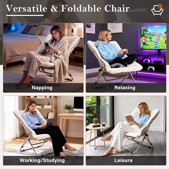 Furlide Saucer Chair, Comfy Bedroom Chairs, Oversized Folding Faux Fur Chair, Foldable Metal Frame Chair for Living Room, Balcony, Patio, Study, Playroom (Beige)