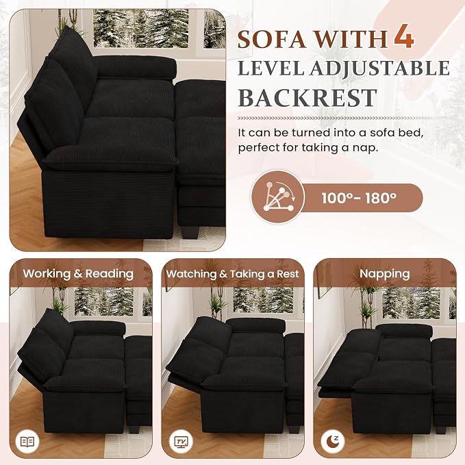 Modular Sectional Sofa Cloud Couch, Comfy Corduroy Loveseat with Ottoman Upholstered Deep Seat Sleeper Sofa Bed 2 Seater Couch Oversized Chaise Lounge Chair Indoor for Living Room Bedroom, Black