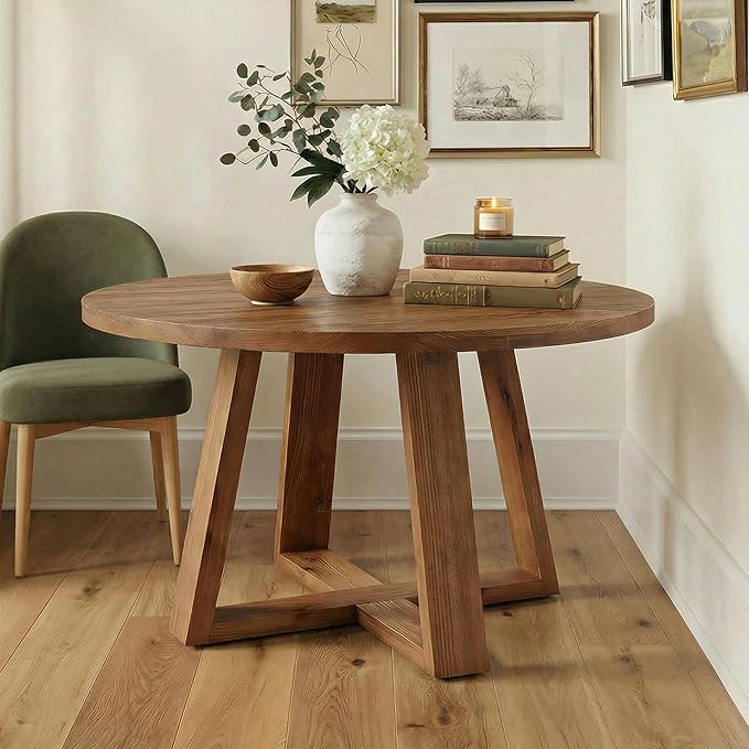 47.2" Solid Wood Dining Table, Farmhouse Round Kitchen Table for 4, Rustic Circle Tables with Sturdy Trestle Base for Dining Room & Kitchen, Warm Oak Finish