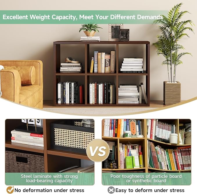 IRONMIX Metal 6 Cube Storage Organizer, Modern Short Bookshelf, 2 Tier Horizontal Bookshelf Cube Shelf, TV Stand with Storage, Cabinet Display Case for Home Office Library (Dark Wooden, 1037-2 Set)