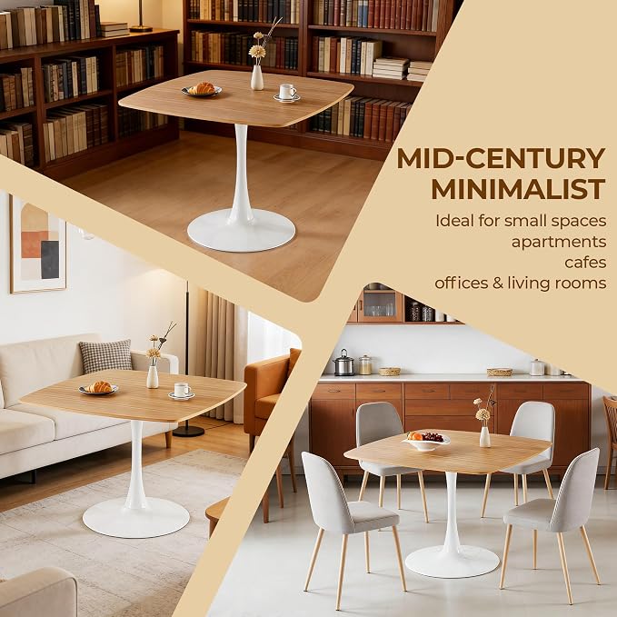 42 Inch White and Oak Square Dining Table for 4-6 Person,Mid-Century Oak Tulip Table Kitchen Dining Table with MDF Tabletop and Pedestal Base for Home Kitchen