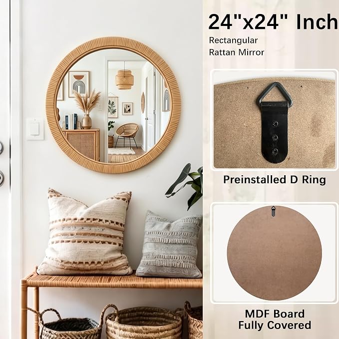 24"x24" inch Large Round Rattan Mirror for Wall, Boho Decorative Wicker Mirror Waterproof Synthetic Rattan Frame, for Bathroom, Bedroom, Living Room, Entryway