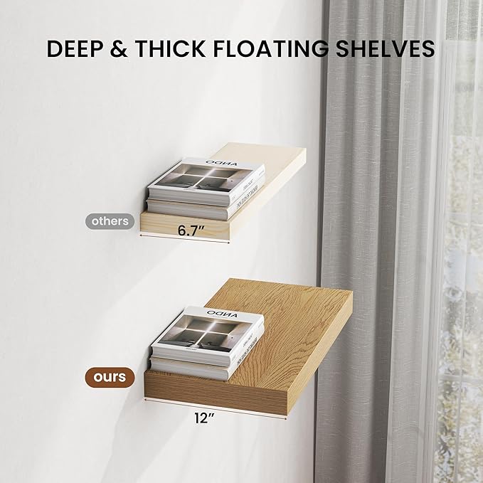 Dreamland 32" Floating Shelves for Wall, 12" Deep Thicker Oak Floating Shelves, Wall-Mounted Shelves for Bedroom, Living Room, Kitchen, Bathroom - Set of 2