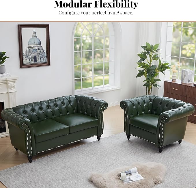 LEVNARY Chesterfield Loveseat, 2 Seater Tufted Couch for Living Room, Classic Button Tufted Upholstered Sofa, Modern Mid-Century PU Leather Loveseat (Green)