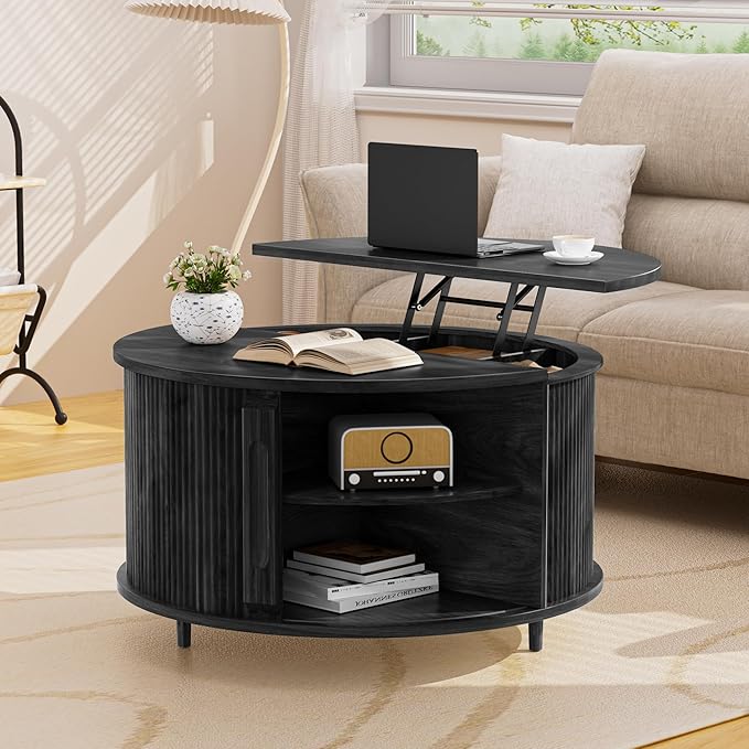 Round Lift Top Coffee Table, 31.5” Fluted Wood Lift Up Center Table with Sliding Door & Hidden Storage, Mid Century Modern Coffee Table for Living Room & Home Office (Black)