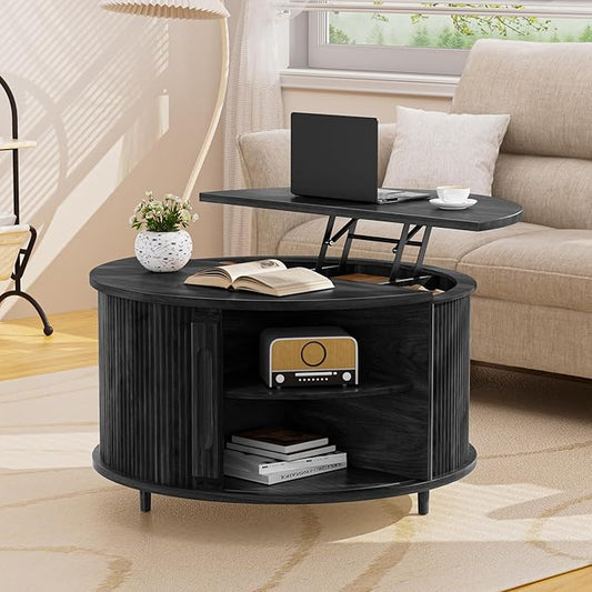 Round Lift Top Coffee Table, 31.5” Fluted Wood Lift Up Center Table with Sliding Door & Hidden Storage, Mid Century Modern Coffee Table for Living Room & Home Office (Black)