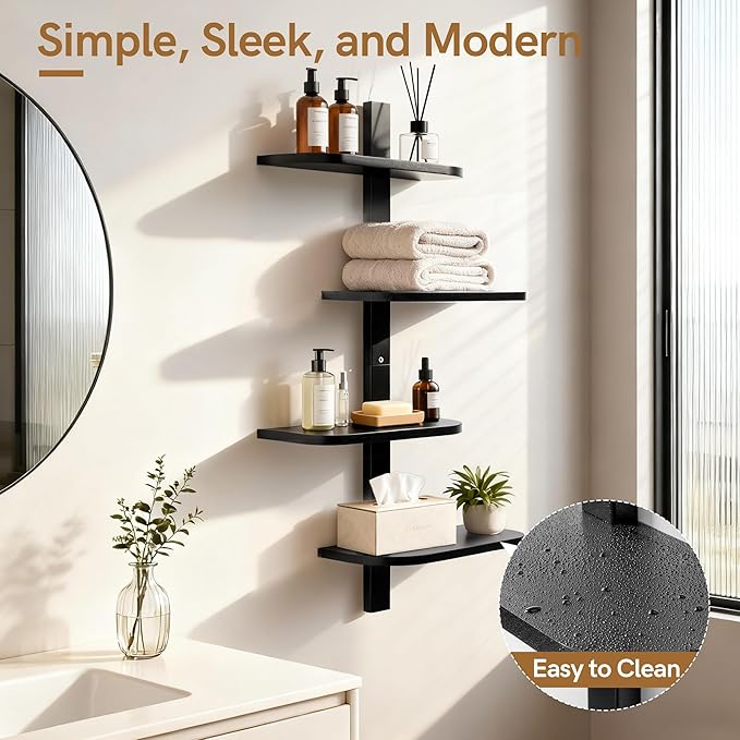 Afuly Black Floating Shelves for Wall Display Shelf Unit Modern Decorative Solid Wood Shelving Home Decor Living Room Bedroom Coffee Bar Bathroom Small Space Plant Photo Set of 4