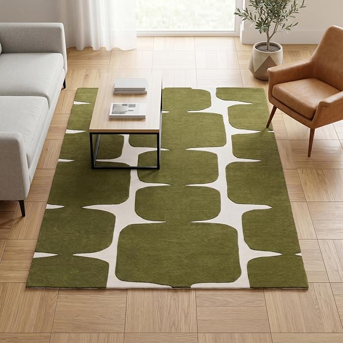 Restoration and Renovation Modern Wool Area Rug - Contemporary Abstract Geometric Design, Thick & Soft Hand-Tufted Carpet - Ideal for Indoor Decor in Living Room, Bedroom (Olive Green, 10' x 14')
