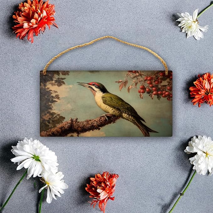 Retro Woodpecker Portrait Wooden Sign 12x6 Inch, Nature-Inspired Wall Decor for Country Homes, Study Room Accent, Ideal Gift for Bird Watchers & Vintage Art Aficionados