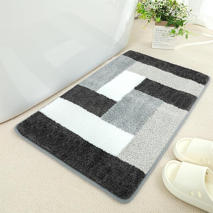 Checkered Bath Mat - Super Absorbent, Soft and Thick, Rubber Backing Non-Slip, Machine Washable Shower Rug, Bath Mat, Bathroom Home Decor Accessories, 20"x31" (50x80cm), Black