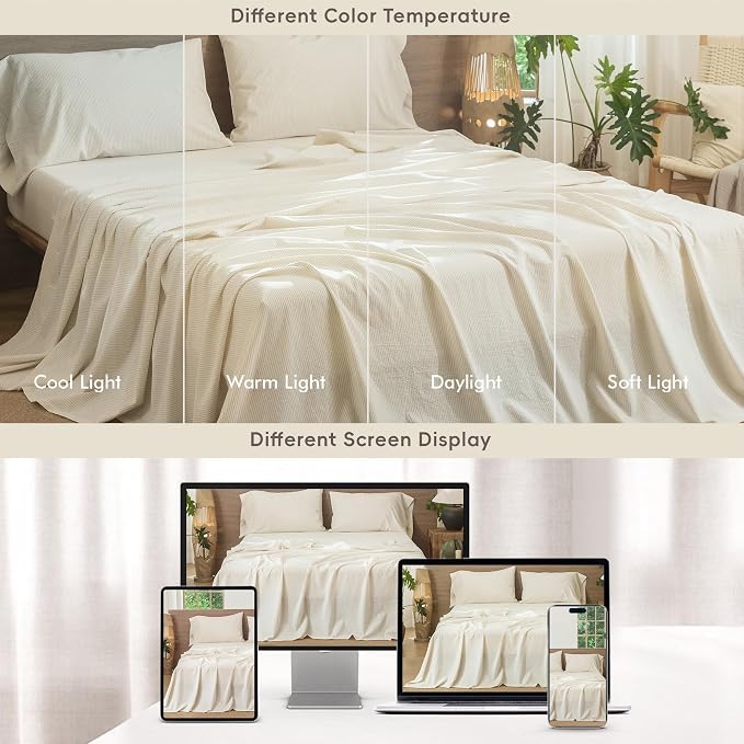 MooMee Striped Sheet Set 100% Washed Cotton Linen Like Textured Breathable Durable Soft Comfy (Almond Milk Grey Pinstripes, Queen)