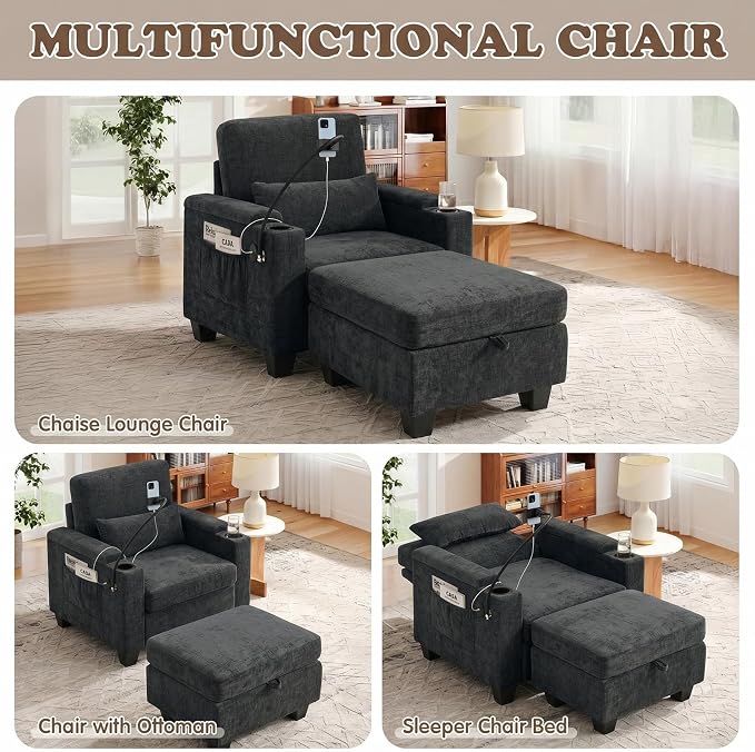Small Chaise Lounge Chair Indoor with Ottoman&Adjustable Backrest,Chenille Tufted Recliner Comfy Sofa Chair with USB,Phone Holder&Storage Arms,Convertible Sleeper Couch Bed for Living Room(37"W,Black)