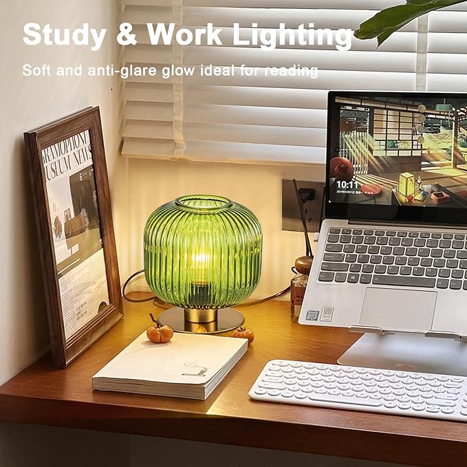 Glass Globe Table Lamp, Mid Century Modern Green Table Lamp, Vintage Gold Bedside Lamp with Ribbed Glass Shade, Cute Desk Lamp Small Decorative Lamp for Bedroom Nightstand Living Room End Table