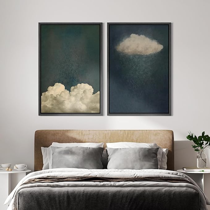 IDEA4WALL Framed Canvas Print Wall Art Set Dreamy Cloud Abstract Cloudscape Illustrations Modern Art Decorative Coastal Cottage Seascape for Bedroom - 24"x36"x2 BLACK