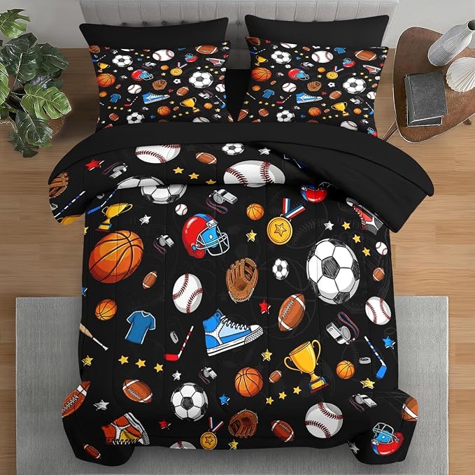Pamnest Comforter Set Queen Size, Basketball Football Baseball 7 Pcs Bedding for Kids and Adults, Hockey Sport Bed Sheet Sets with Fitted Sheet 2 Pillowcases & 2 Shams for Bedroom Bed Decor