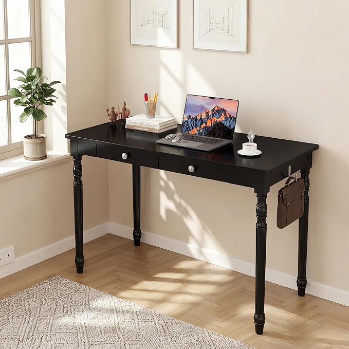 Mid Century Modern Desk, 47" Black Solid Wood Desk with 2 Drawers, Boho Writing Desk Computer Table for Home, Office, Bedroom, Living Room