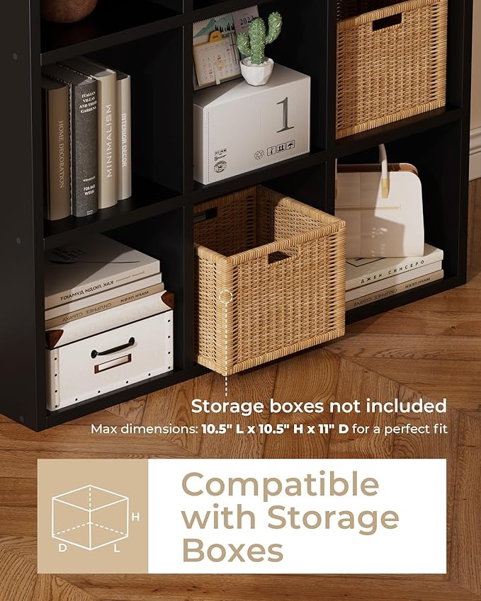 GTPLAYER 9-Cube Storage Organizer, Fits 11" Bins, Vertical or Horizontal Use, Opening Bookshelf, Partial Back Panels, Stackable Design Bookcase, for Living Room, Media Console, Hallway, Black