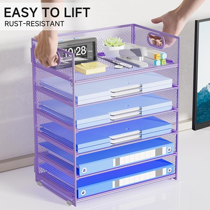 Purple Paper Organizer for Desk with Handle, 6-Tier Metal Mesh File Organizer | Stackable Desktop Organizer for Office Supplies & Stationery Storage
