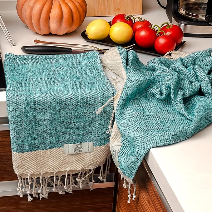 Hand Towels - Set of 2 | 18" x 30" - Decorative Turkish Hand Towel for Bathroom, Kitchen, Guest, Face, Hair, Tea, Dishcloth (Herringbone, Turquoise)