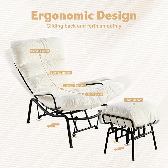 ovios Glider Rocking Chair with Ottoman, Mid-Century Modern Recliner Chair with Footrest, Comfy Gliding Rocker Lazy Accent Armchair for Living Room Bedroom, Cloud Plush Velvet, White