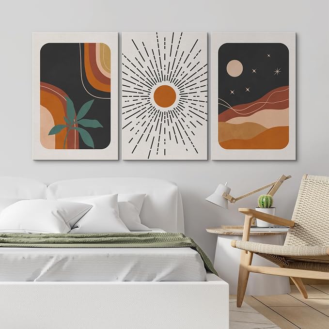 wall26 Canvas Canvas Print Wall Art Set Boho Mid-Century Colorful Sun Moon Landscapes Nature Abstract Illustrations Modern Art Bohemian Decorative for Living Room, Bedroom, Office - 24"x36" x 3