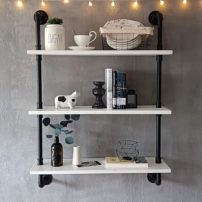 HDDFER Industrial Pipe Shelving Rustic White Pipe Wall Shelves Bathroom Shelves with Wood Planks Industrial Floating Shelves 30 Inch Farmhouse Bookshelf Pipe Shelves Wall Mounted
