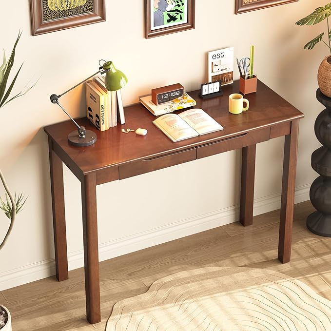 100% Solid Wooden Desk with Drawers - 39 x 16 Inch Mid Century Narrow Desk, Vintage Writing Desks with Drawers, Simple Work Study Table, Small Desks for Small Spaces, Walnut Color