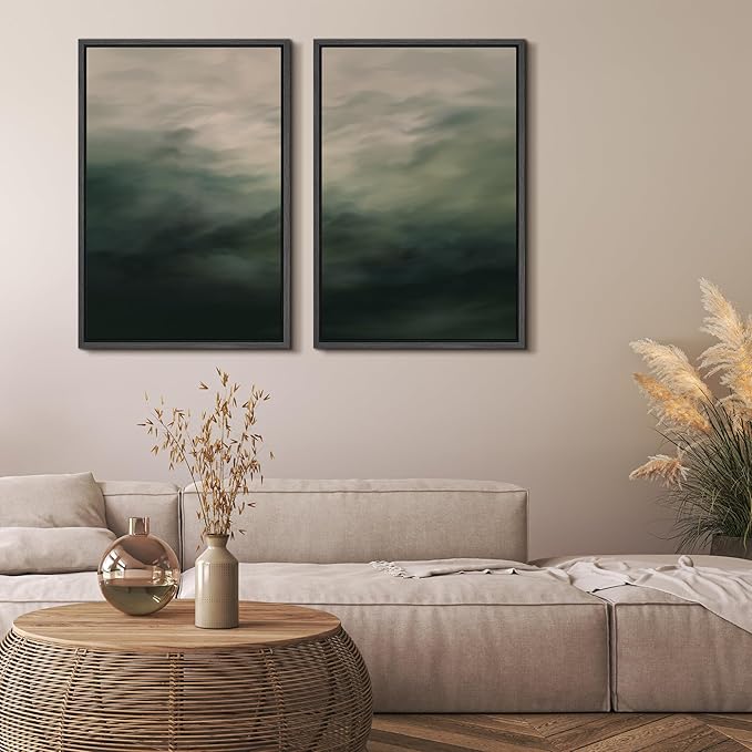MUDECOR Framed Canvas Print Wall Art Dark Green Abstract Misty Landscape Moody Illustrations Modern Art Decorative Chic for Living Room, Bedroom, Office - 24"x36"x2 Black