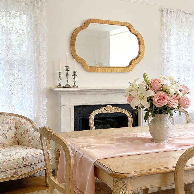 BAODANFU Natural Scalloped Rattan Wall Mirror, 24"×36" Hand-Woven Decorative Mirror for Entryway, Bathroom, Bedroom, Dining Living Room, French Vintage/Wabi-Sabi Home Decor, Horizontal/Vertical