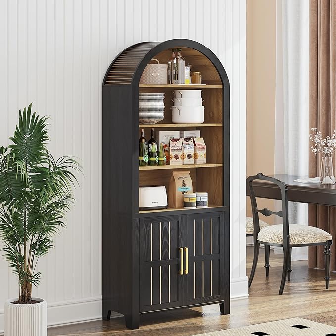 71" Tall Arched Bookcase, Arch Bookshelf with Doors , Modern Book Shelf Storage Cabinet with Adjustable Shelves, Wood Bookshelf w/Open Display for Living Room, Office Decor (Black/Natural, 2PC)