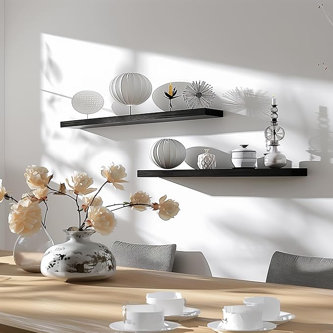 36 Inch Black Wood Floating Shelves for Wall Rustic Wall Shelf for Bedroom Living Room Set of 4