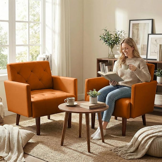 Faux Leather Accent Chair Modern PU Armchair, Retro Tufted Upholstered Arm Chair, Comfy Leather Club Chair Single Sofa for Living Room, Bedroom, Reading Room, Apartment (Orange)