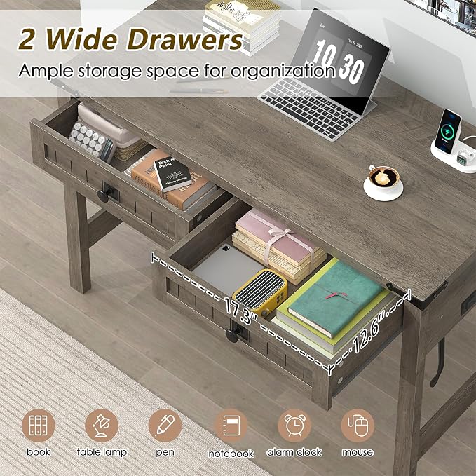 YOMILUVE Farmhouse Computer Desk with 2 Drawers, 39 Inch Small Computer Desk with Power Outlets, Home Office Desk Compact Writing Study Table for Small Spaces, Grey