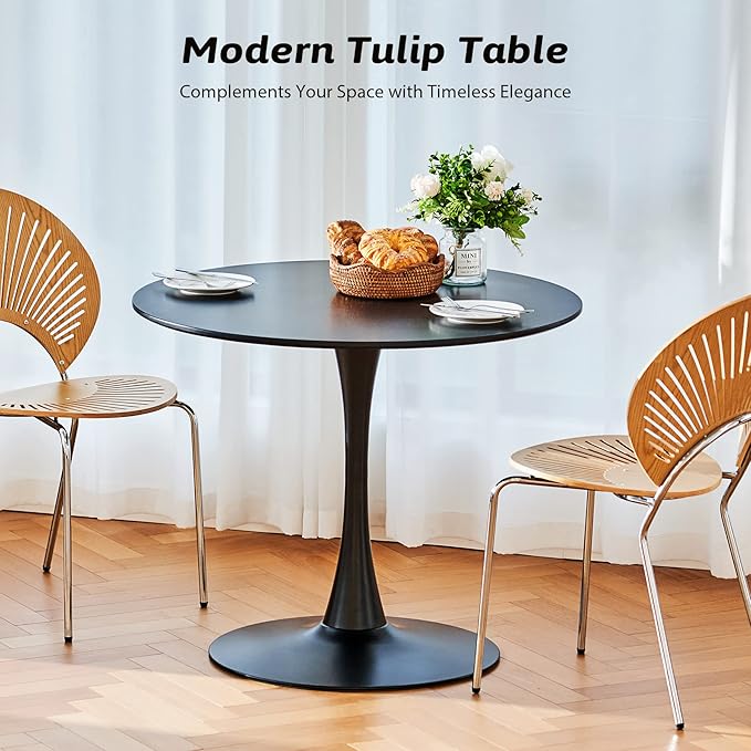 VONLUCE Black Round Dining Table, 36" Tulip Table, Kitchen & Living Room Table for 4-6 People, Modern MDF Top & Pedestal Base
