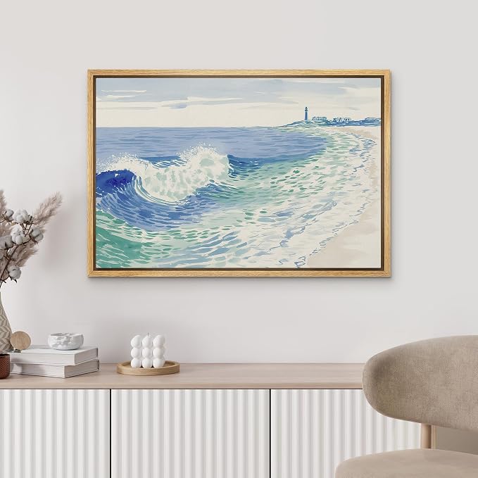 MUDECOR Framed Canvas Print Wall Art Coastal Wave Illustration with Lighthouse Nautical Illustrations Minimalism Decorative Bohemian Colorful Zen for Living Room, Bedroom, Office - 16"x24" NATURAL
