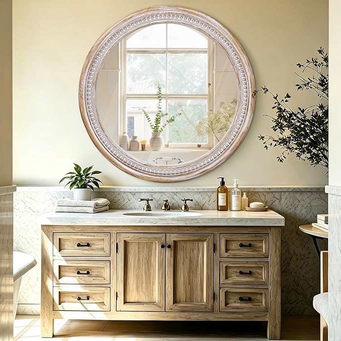HOITUZYUS 36 Inch Rustic Farmhouse Round Mirror for Wall Decor, Boho Wooden Circle Decorative Mirrors for Bathroom Over Sink, Living Room, Entryway, Bedroom, Hallway
