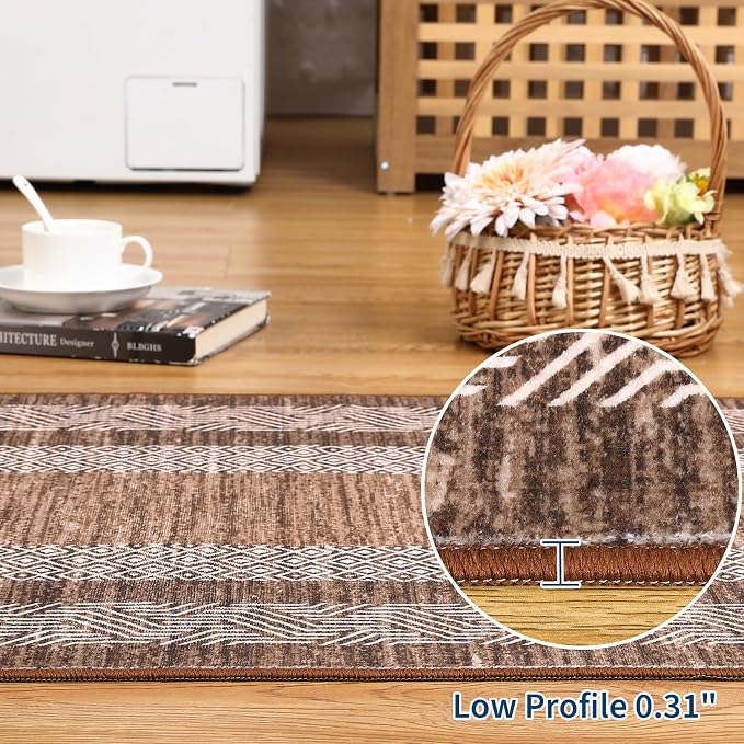 GarveeHome Washable 2.5x10 Kitchen Runner Rug, Easy Clean Geometri Rugs for Hallway Entryway, Indoor Outdoor Non Slip Rug Farmhouse Morden Carpet Door Mat Area Rug for Laundry Room Dark Brown