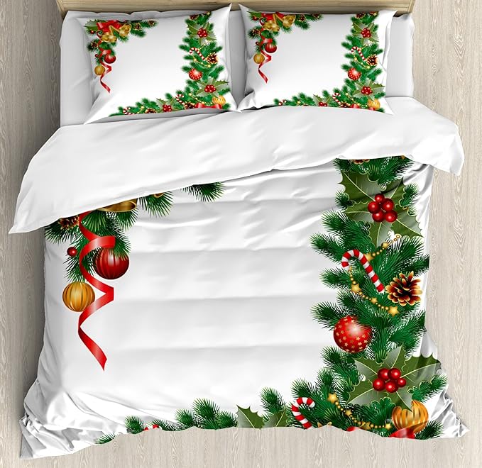 Ambesonne Christmas Duvet Cover Set, Noel Themed Illustration Fir Tree Ornaments Classical New Year Concept Print, Decorative 3 Piece Bedding Set with 2 Pillow Shams, Queen Size, Forest Green