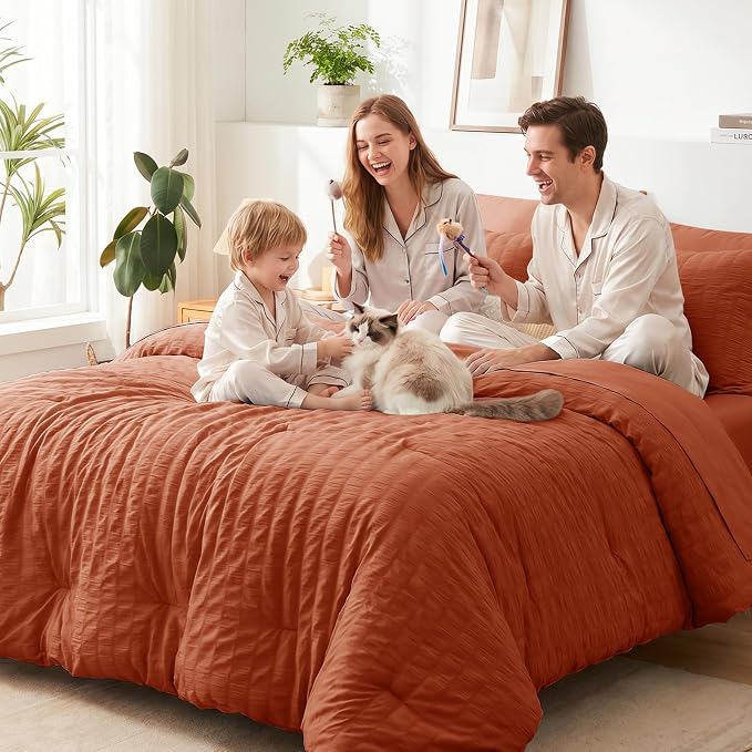 CozyLux Oversized King Comforter Set with Sheets, 7 Pieces 120"x98" Burnt Orange Seersucker Bed in a Bag, Terracotta Bedding Set with Down Alternative Comforter, Sheets, Pillowcases & Shams, Home Gift