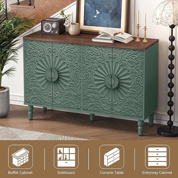Accent Cabinet with 4 Vintage Carved Flower Pattern Doors, 47" Sideboard Buffet Cabinet with Storage, Decorative Cabinet Wood Credenza for Living Room, Hallway, Green