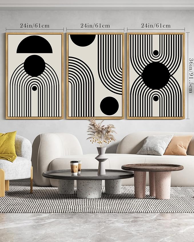 Drsoum Large 24x36in Black and White Abstract Framed Wall Art Decor Duotone Minimal Dark Brush Stroke Prints Shapes Illustrations Modern Art Decorative Ready To Hang - Natural Framed