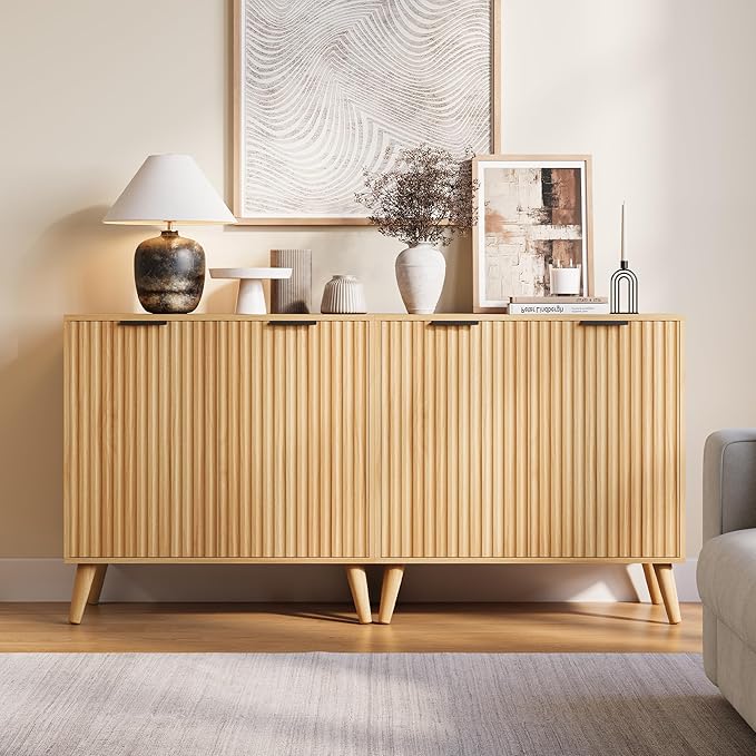Set of 2 Fluted Sideboard Buffet Cabinet, 63" Mid Century Modern Storage Cabinet with Adjustable Shelves & 4 Doors, Accent Cabinet for Dining Room & Living Room, Natural