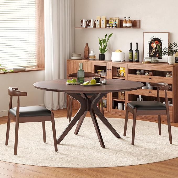 Soohow 47.2" Solid Wood Round Dining Table for 4-6 People with Intersecting Pedestal Base, Circle Kitchen Tables for Dining Room, Kitchen, Walnut