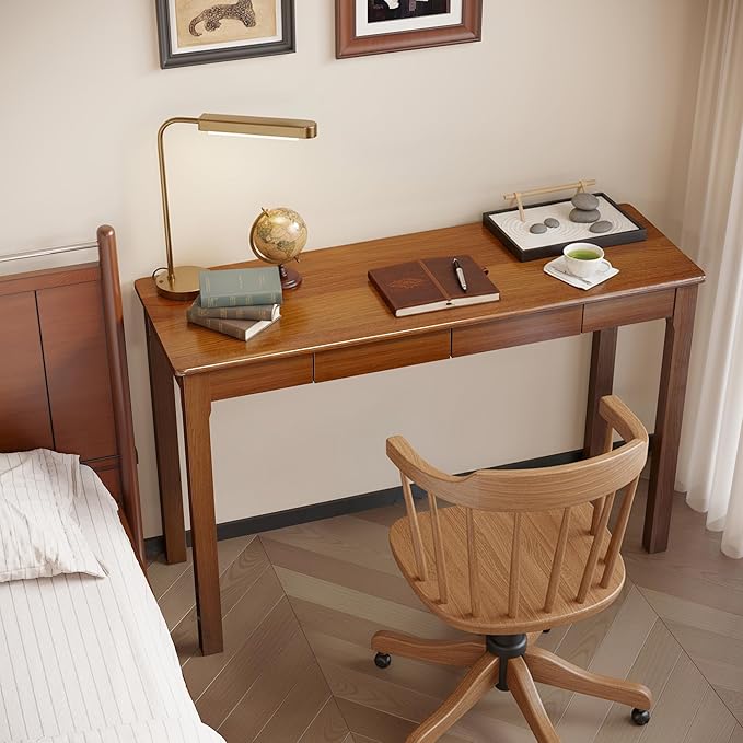 Wood Desk, Solid Wood Writing Table for Home Office, Mid Century Modern Desk with Drawers, Walnut (47inch / 120cm)