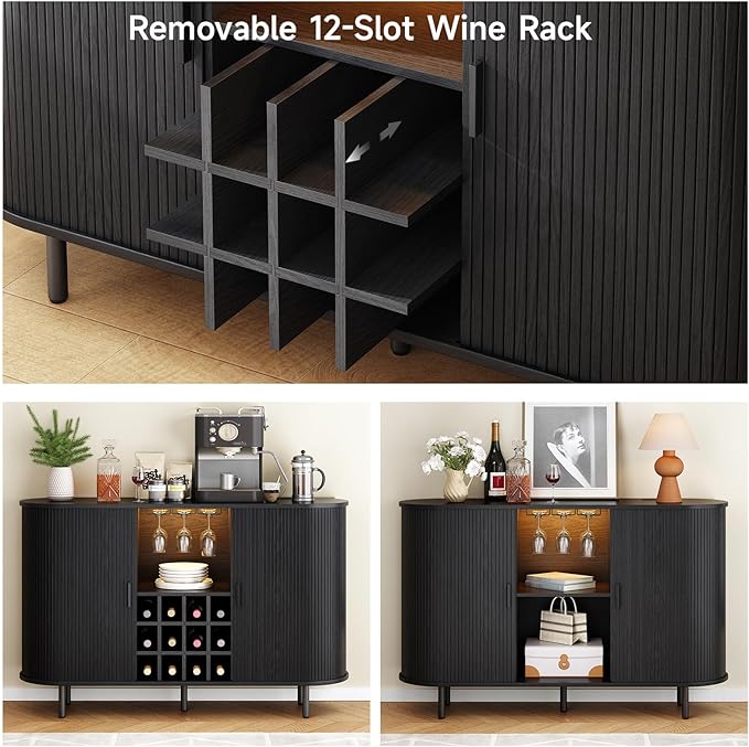 ONBRILL 55" Wine Bar Cabinet with LED Light,Modern Liquor Whiskey Coffee Station with Wine Rack and Glass Holder, Farmhouse Buffet Sideboard with Storage for Living Room, Kitchen, Entryway (Black)