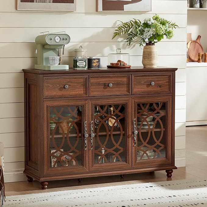 Farmhouse Sideboard Buffet Cabinet Set of 2 with Storage,48" Large Credenza with 3 Glass Doors & 3 Drawers,Adjustable Shelves Console Table,Wood Kitchen Coffee Bar for Dining Room,Brown