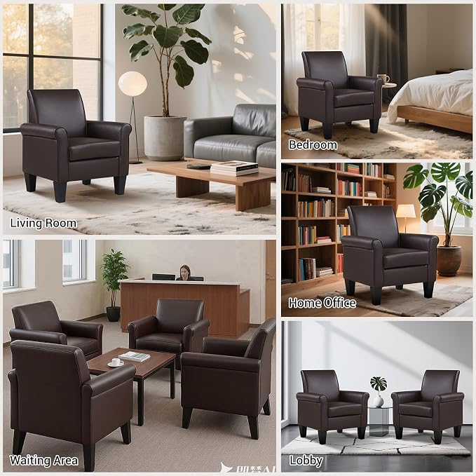 Pu Leather Accent Chair Set of 2, Overstuffed Mid Century Modern Living Room Chairs Upholstered Comfortable Reading Chair Fake Leather Armchair for Bedroom, Office -Brown